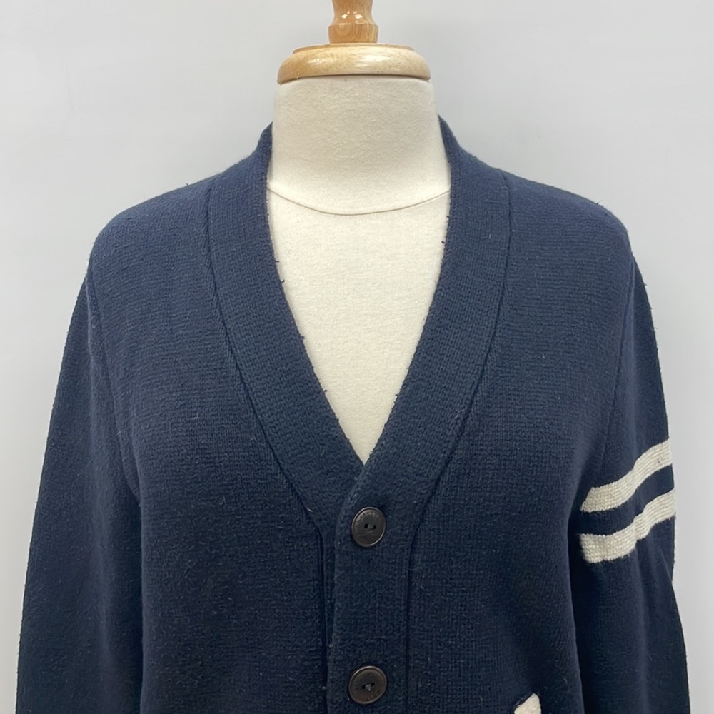 Abercrombie & Fitch Navy Cardigan with White Stripes & Letter Patch - Picture 2 of 9